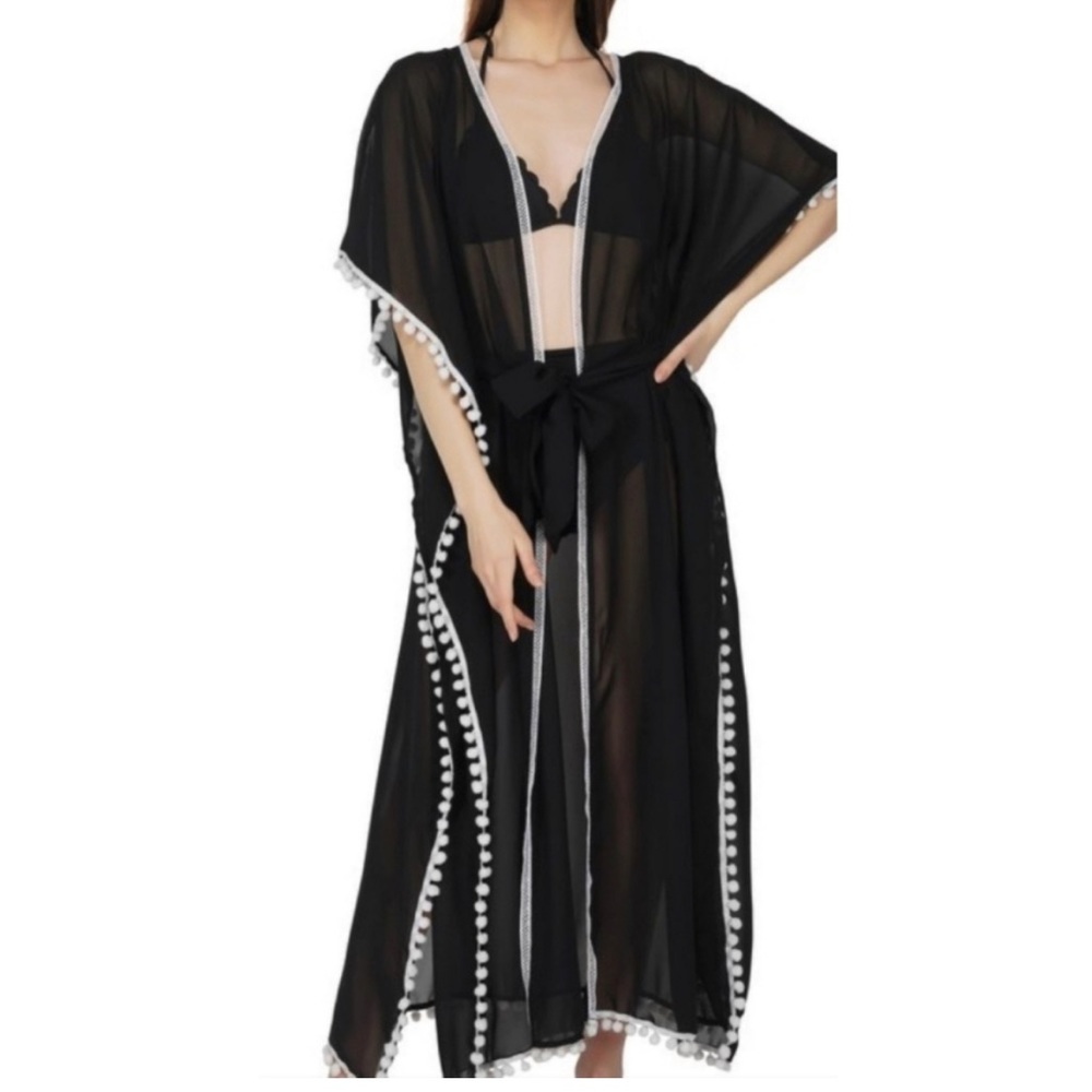 America & Beyond Black Kimono Cover Up Sheer Tassel Trim Beach Maxi